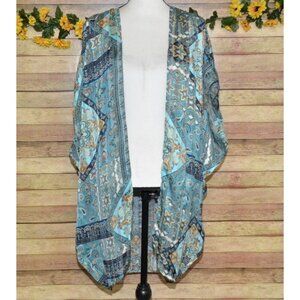 Umgee Ladies S/M Sheer Aqua Blue & Gold Pretty Print Open Front Kimono Cardigan